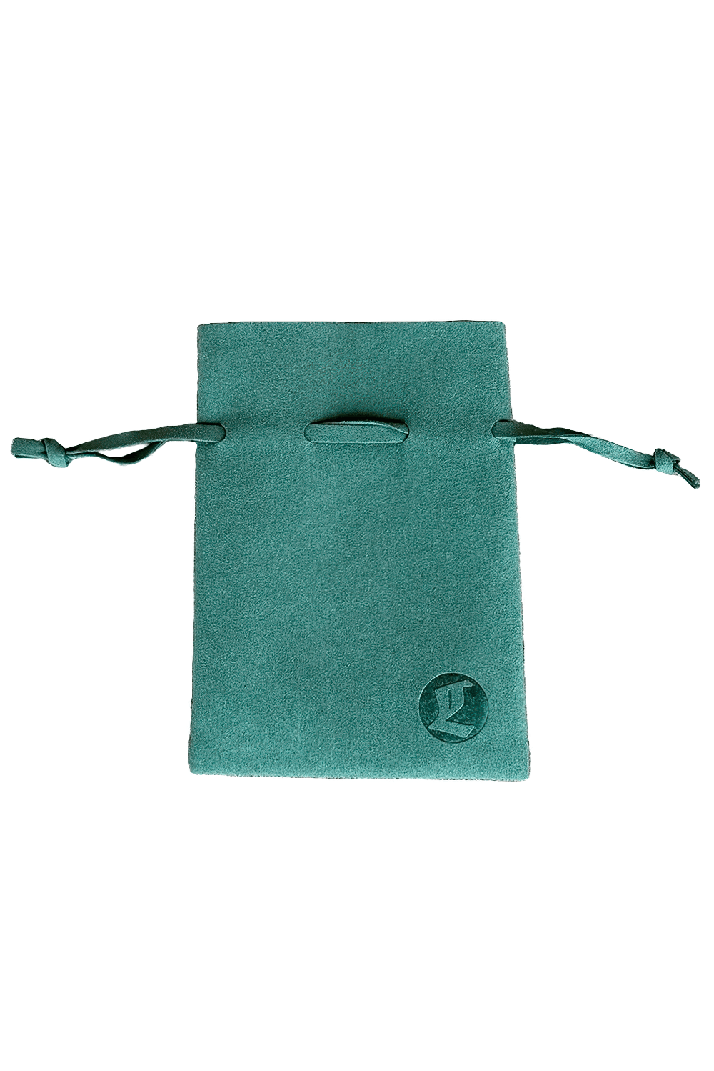 A teal pouch with a drawstring closure, perfect for storing your Dark Gothic Hexagram Carnelian Pewter Pendant.