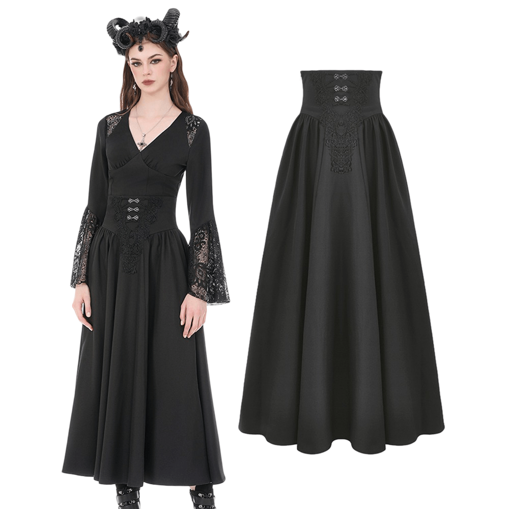Dark Gothic High Waist Maxi Skirt with Lace Accent