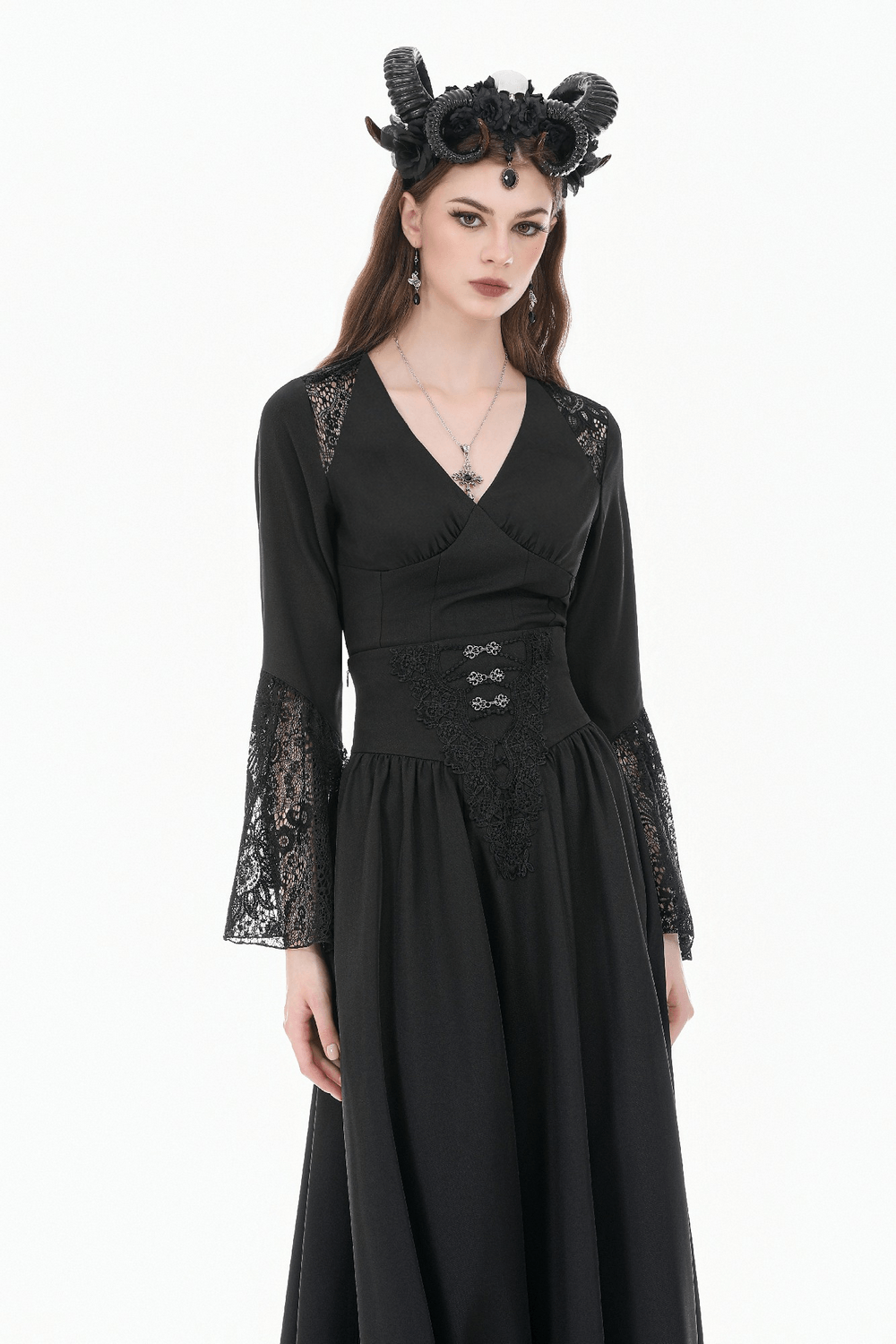 Dark Gothic High Waist Maxi Skirt with Lace Accent