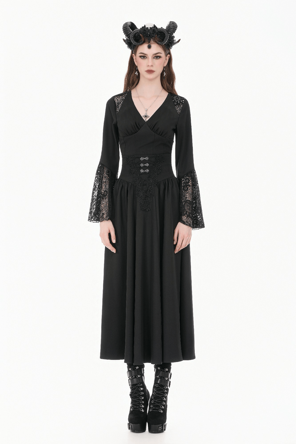 Dark Gothic High Waist Maxi Skirt with Lace Accent