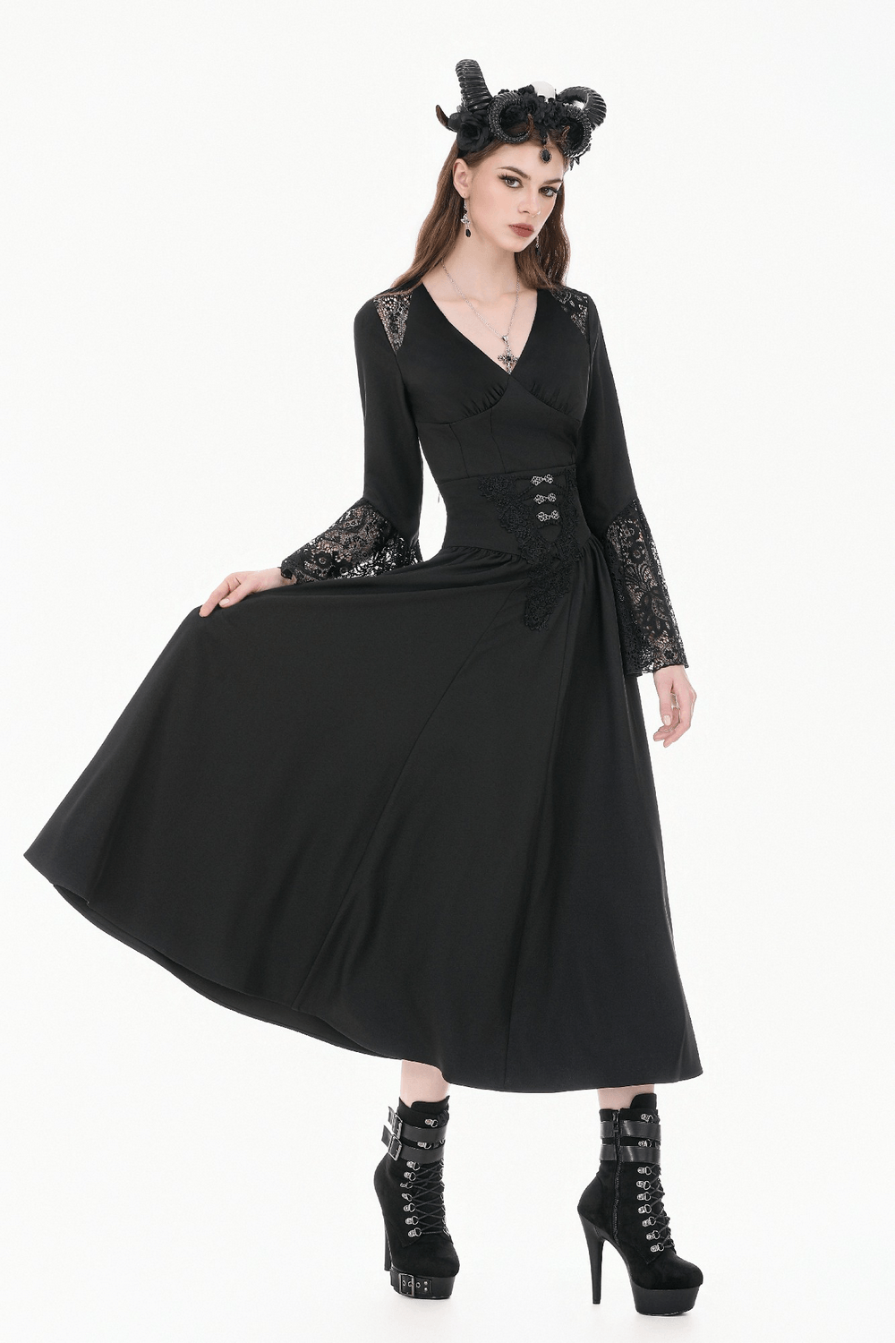 Dark Gothic High Waist Maxi Skirt with Lace Accent