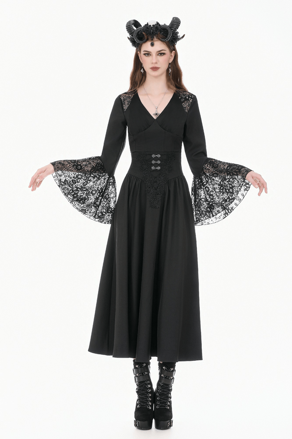 Dark Gothic High Waist Maxi Skirt with Lace Accent
