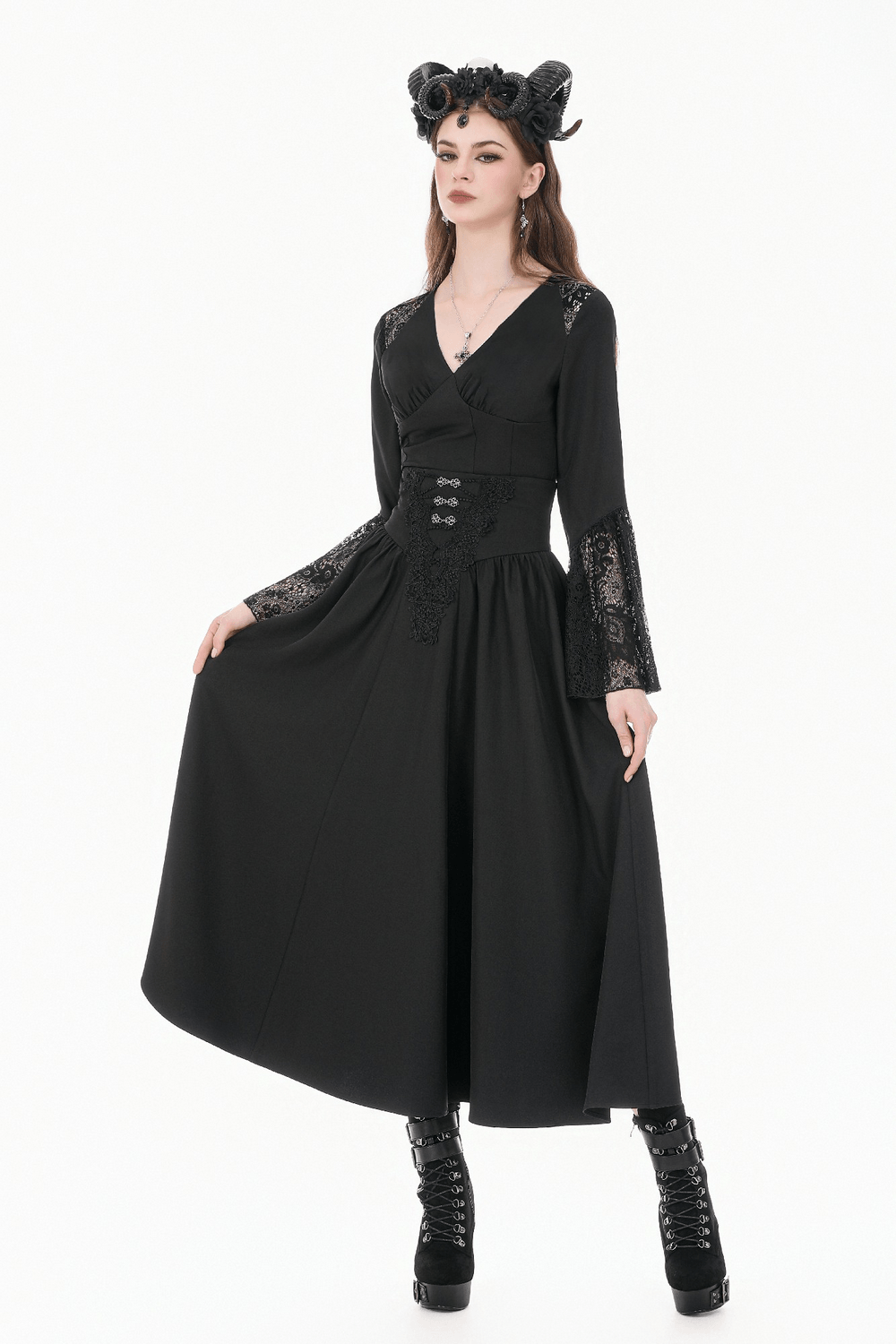 Dark Gothic High Waist Maxi Skirt with Lace Accent
