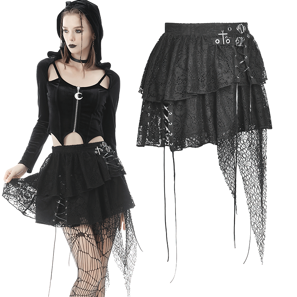 Dark gothic lace mini skirt with edgy mesh overlay, perfect for punk outfits and alternative fashion.