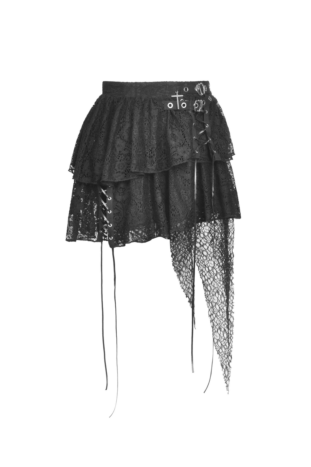 Dark gothic lace mini skirt with edgy mesh overlay and layered lace for a punk vibe.