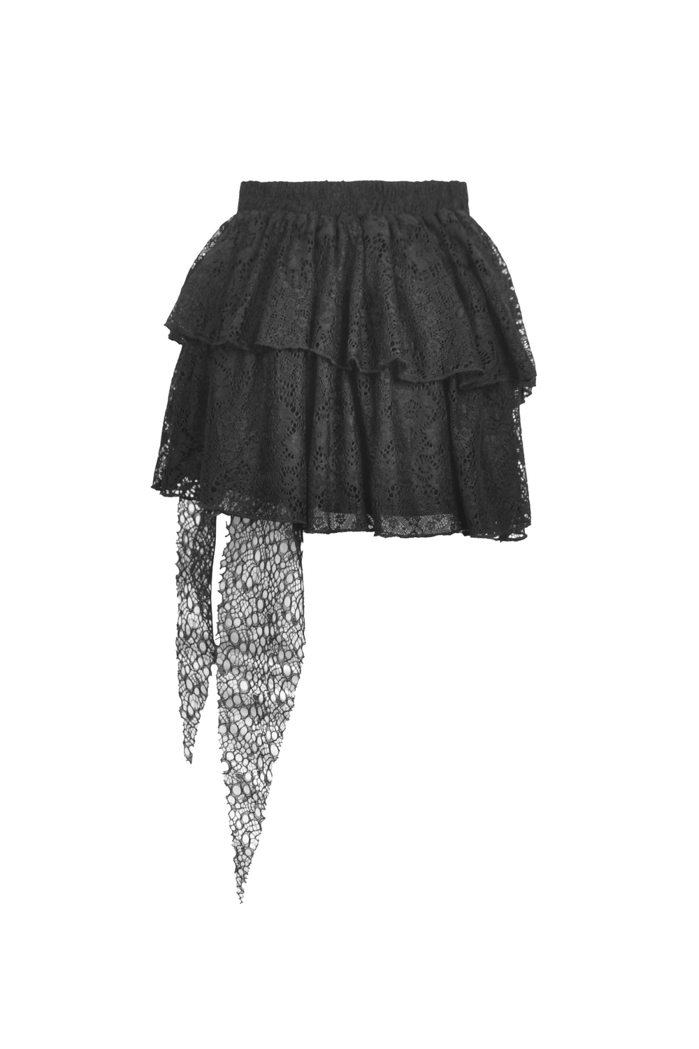 Dark Gothic Lace Mini Skirt with layered lace and edgy mesh overlay for a punk-inspired look.