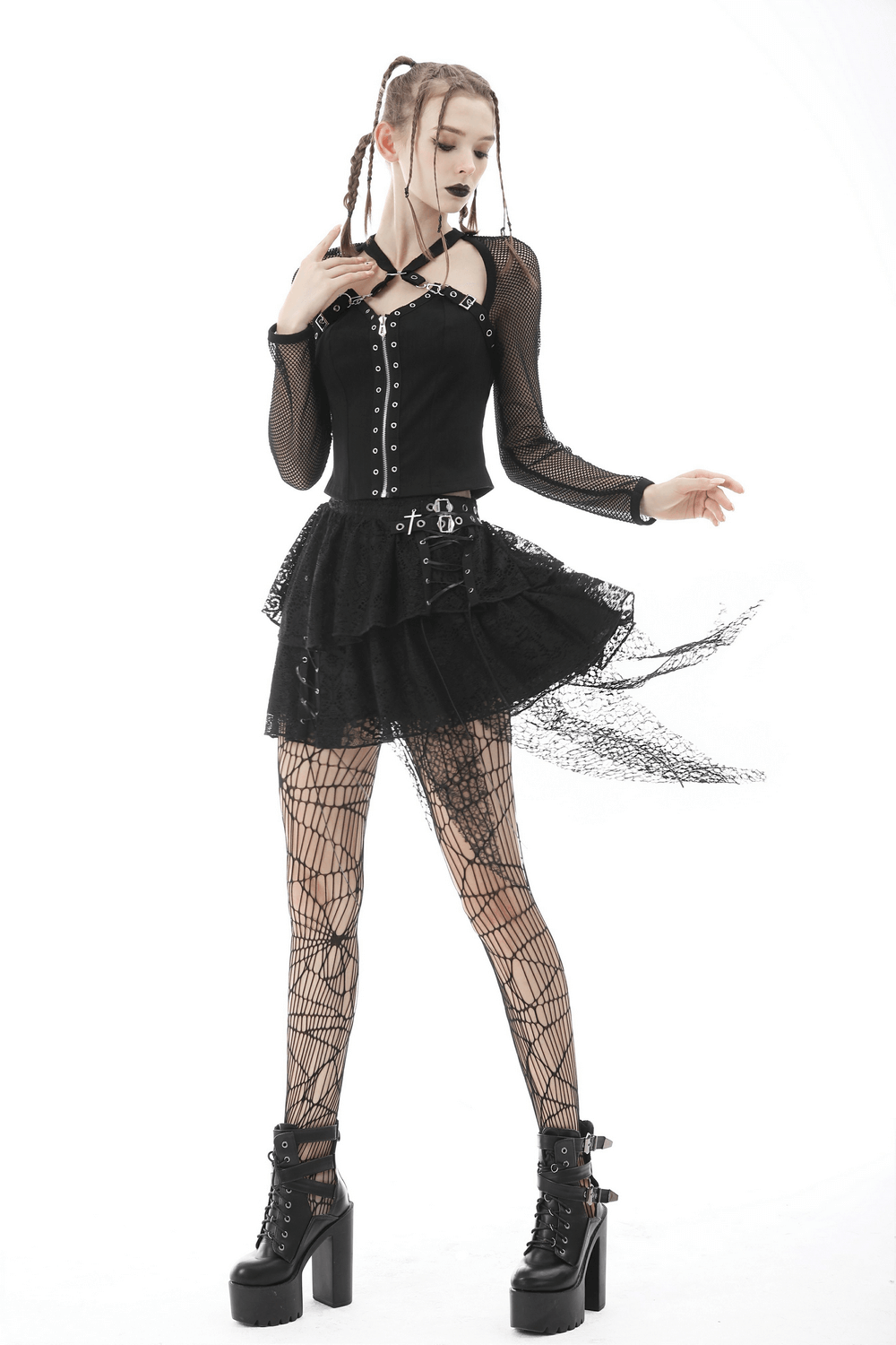 Dark gothic mini skirt with lace overlay, edgy mesh, punk vibe, layered lace, and statement black outfit.