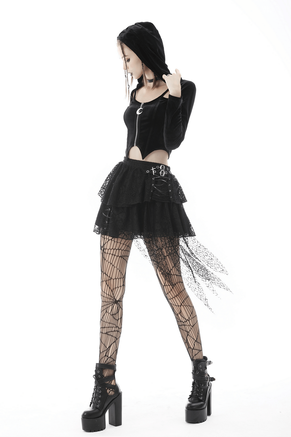Dark Gothic Lace Mini Skirt with Edgy Mesh Overlay