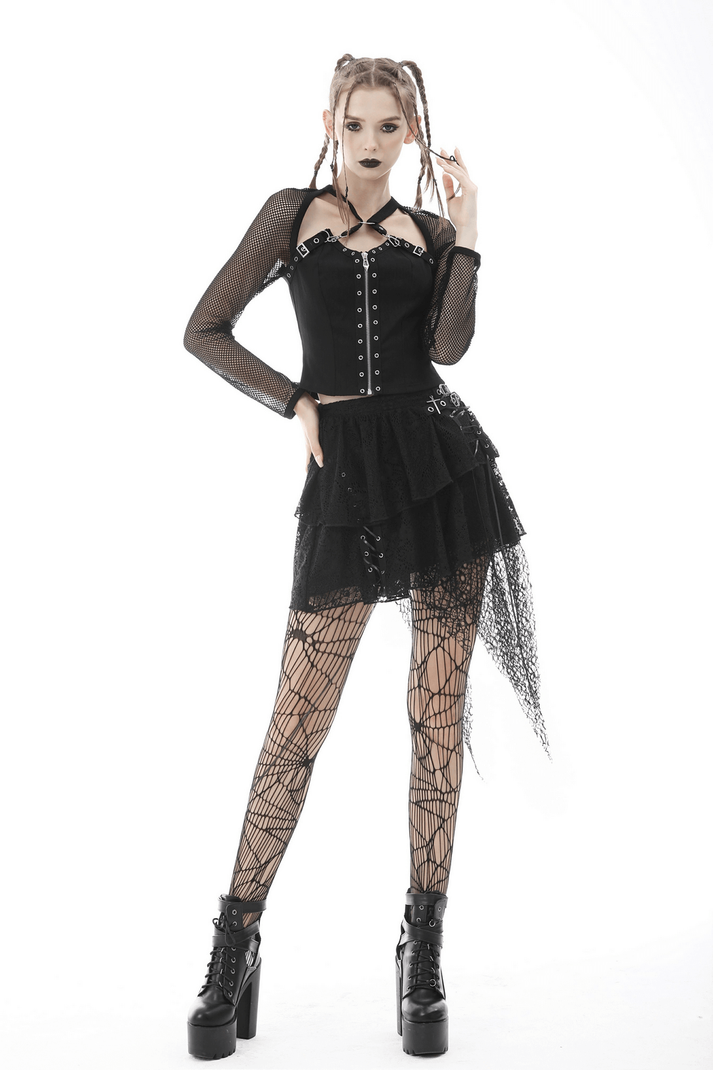 Dark gothic mini skirt with lace overlay and strappy detailing, styled for a punk rock vibe.
