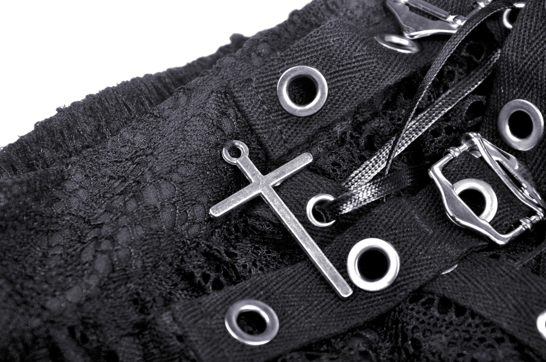 Close-up of black lace and mesh mini skirt with edgy strappy detailing and a cross pendant, showcasing punk goth style.