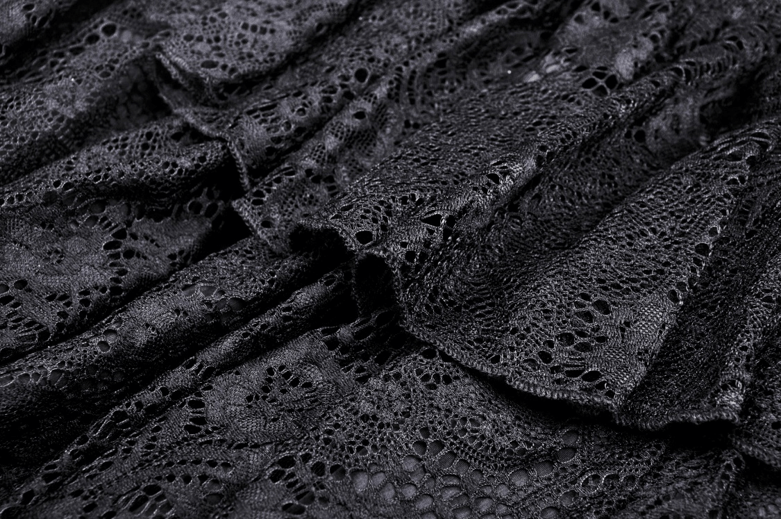 Close-up of dark gothic lace showcasing intricate patterns and textured mesh for a punk-inspired mini skirt.