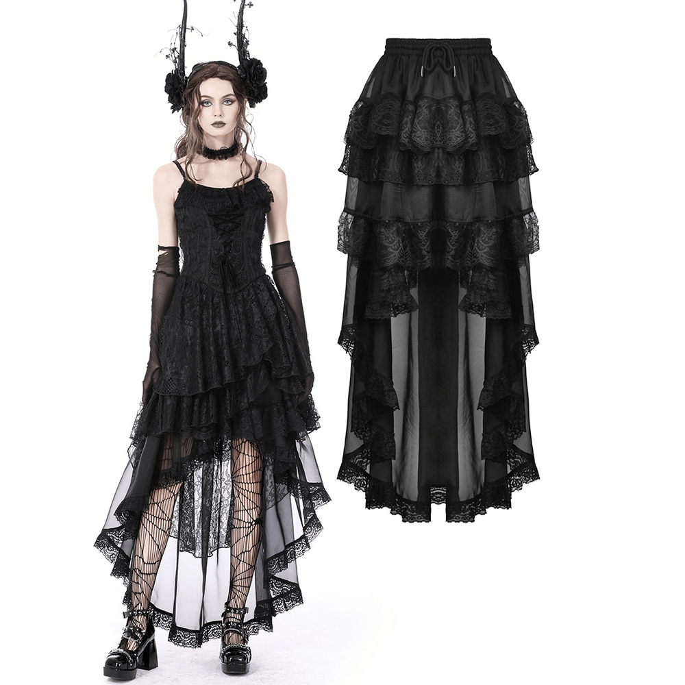 Dark gothic high-low chiffon skirt with lace trim, perfect for a dramatic, stylish look at gothic events.