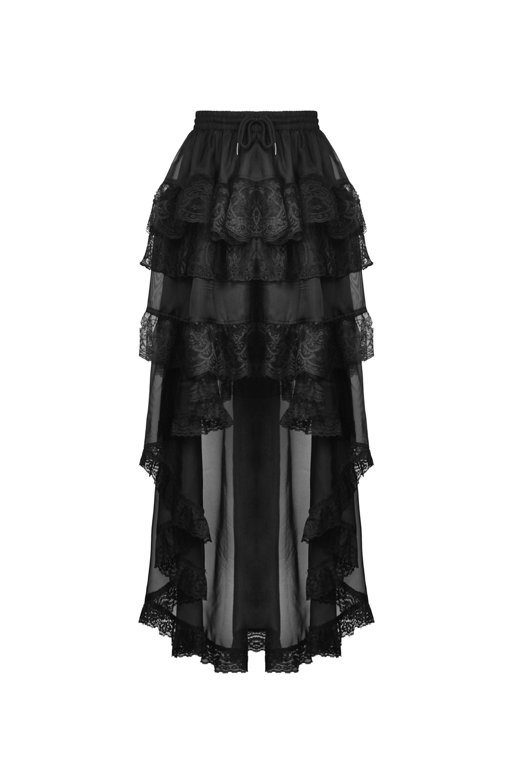 Dark Gothic high-low chiffon skirt with dramatic lace trim and tiered design, perfect for making a bold fashion statement.