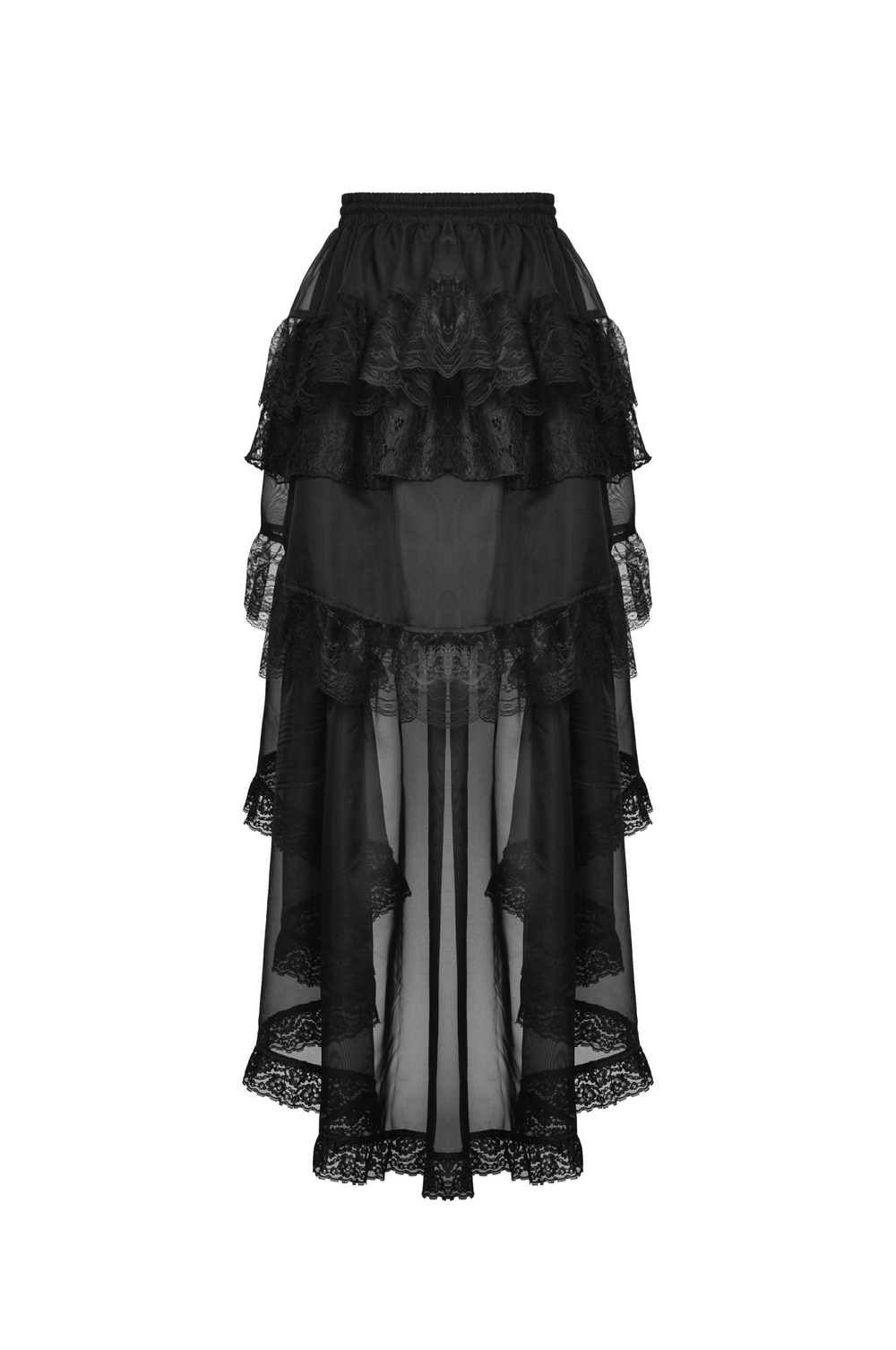 Flowy black high-low chiffon skirt with dramatic lace trim, perfect for gothic events and making a bold fashion statement.