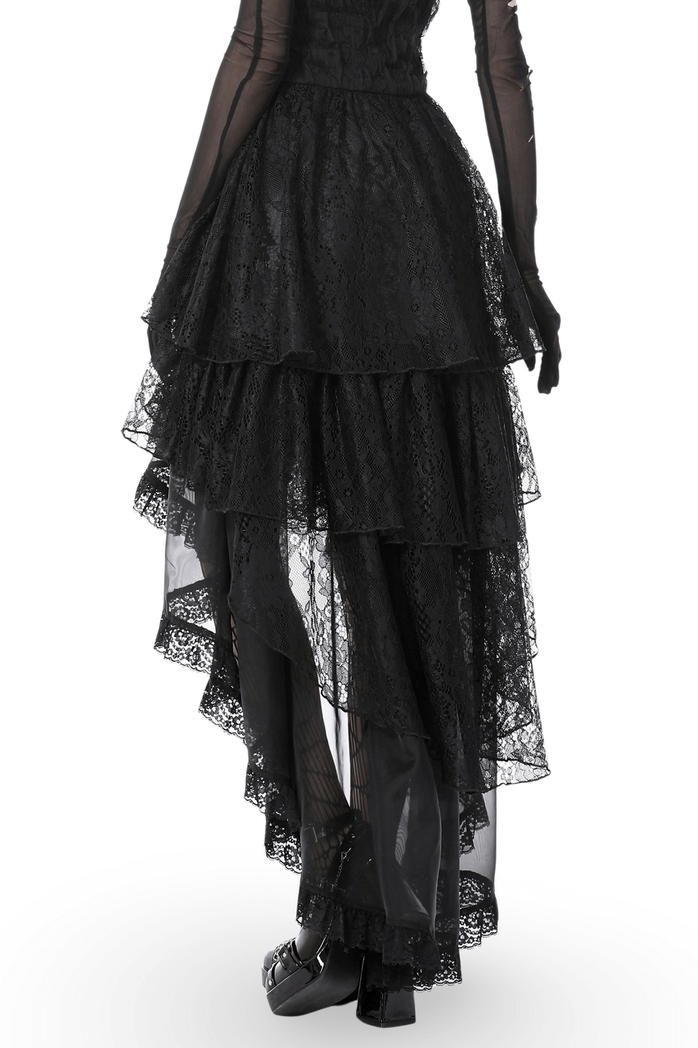 Elegant black high-low chiffon skirt with dramatic lace layers, perfect for gothic fashion lovers.