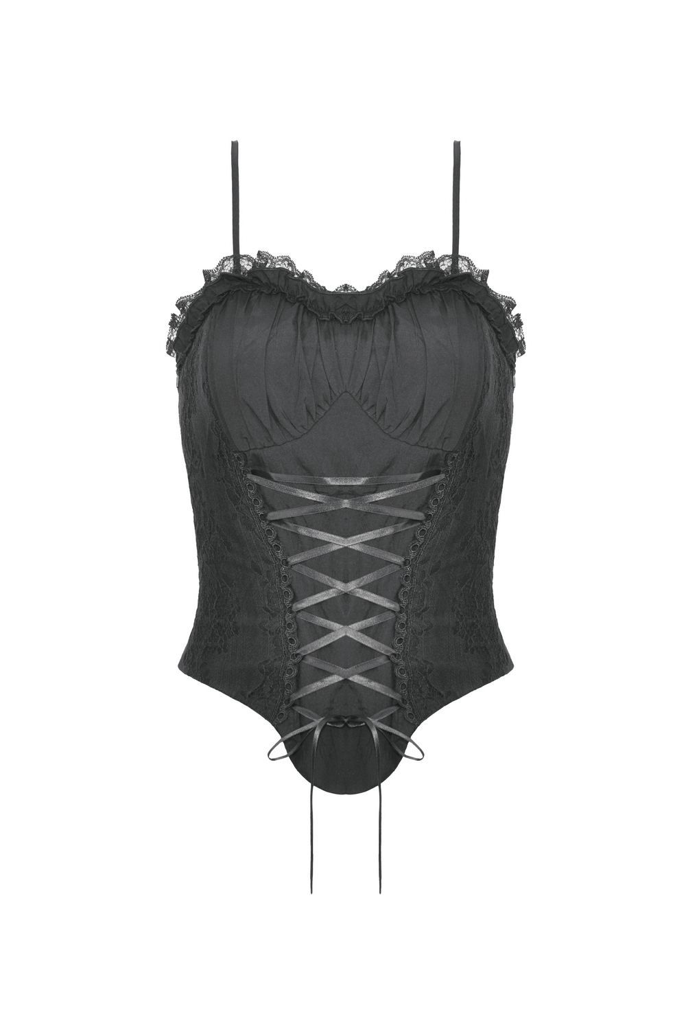 Edgy black lace-up bustier corset top with lace trim and ribbon detailing, perfect for a gothic look.