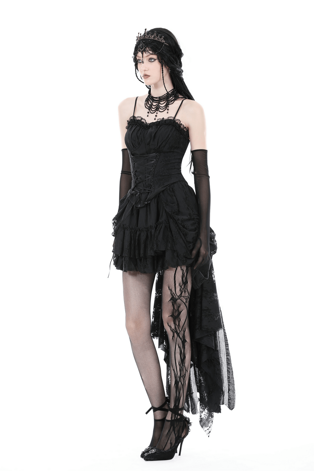 Model wearing a dark gothic lace-up bustier corset with lace trim and elegant accessories, showcasing a dramatic silhouette.