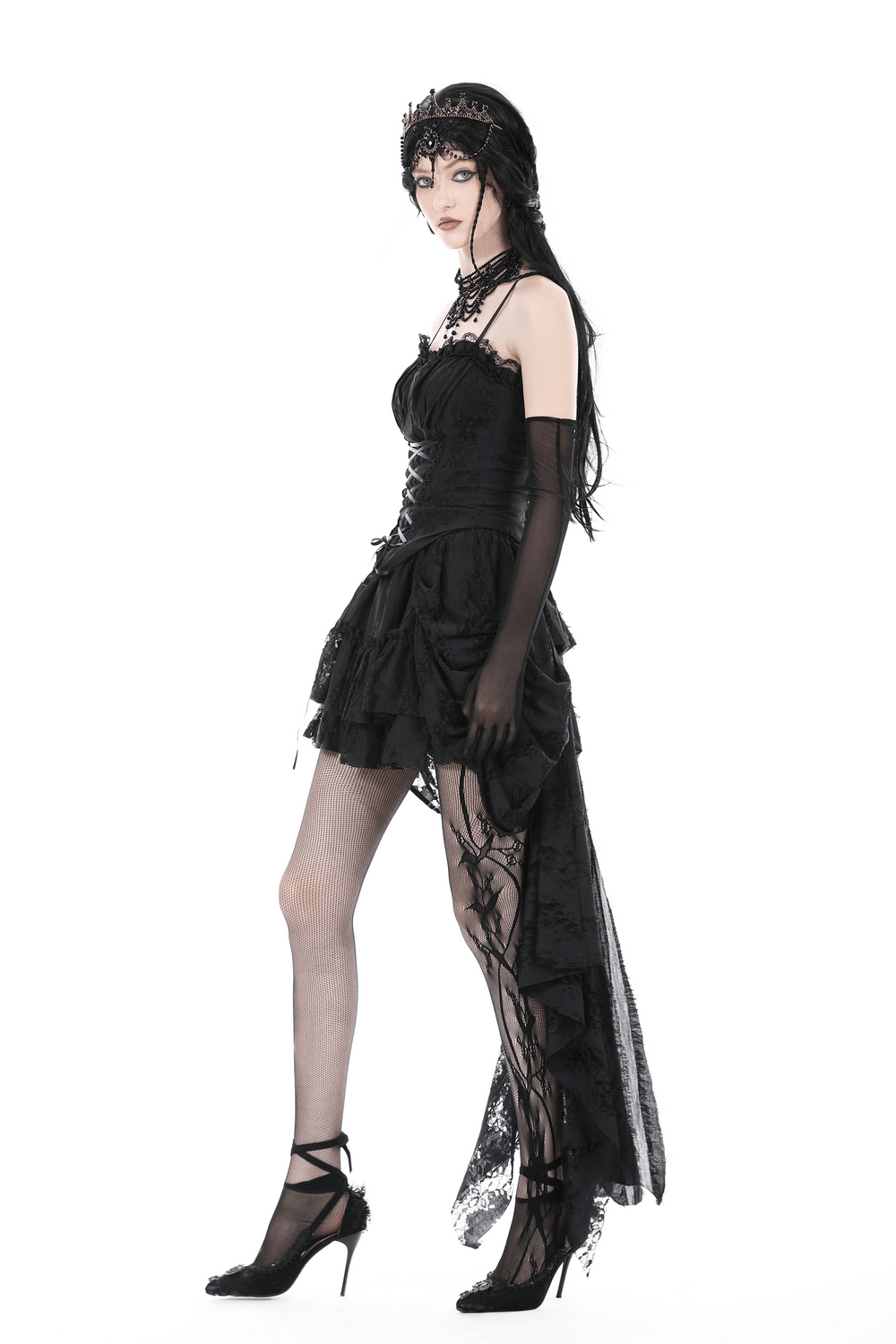 Model in a stunning black gothic lace-up corset dress with lace trim, embodying dark enchantment and elegance.