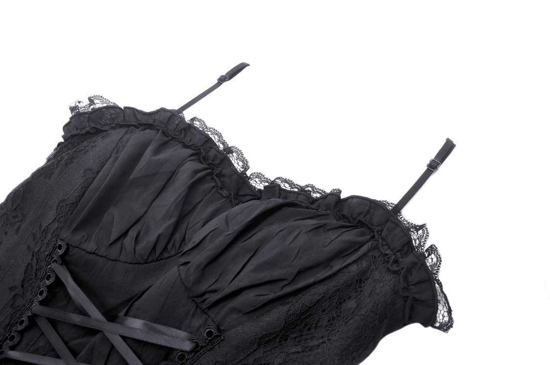 Dark gothic lace-up bustier corset top with intricate lace trim and ribbon detailing.