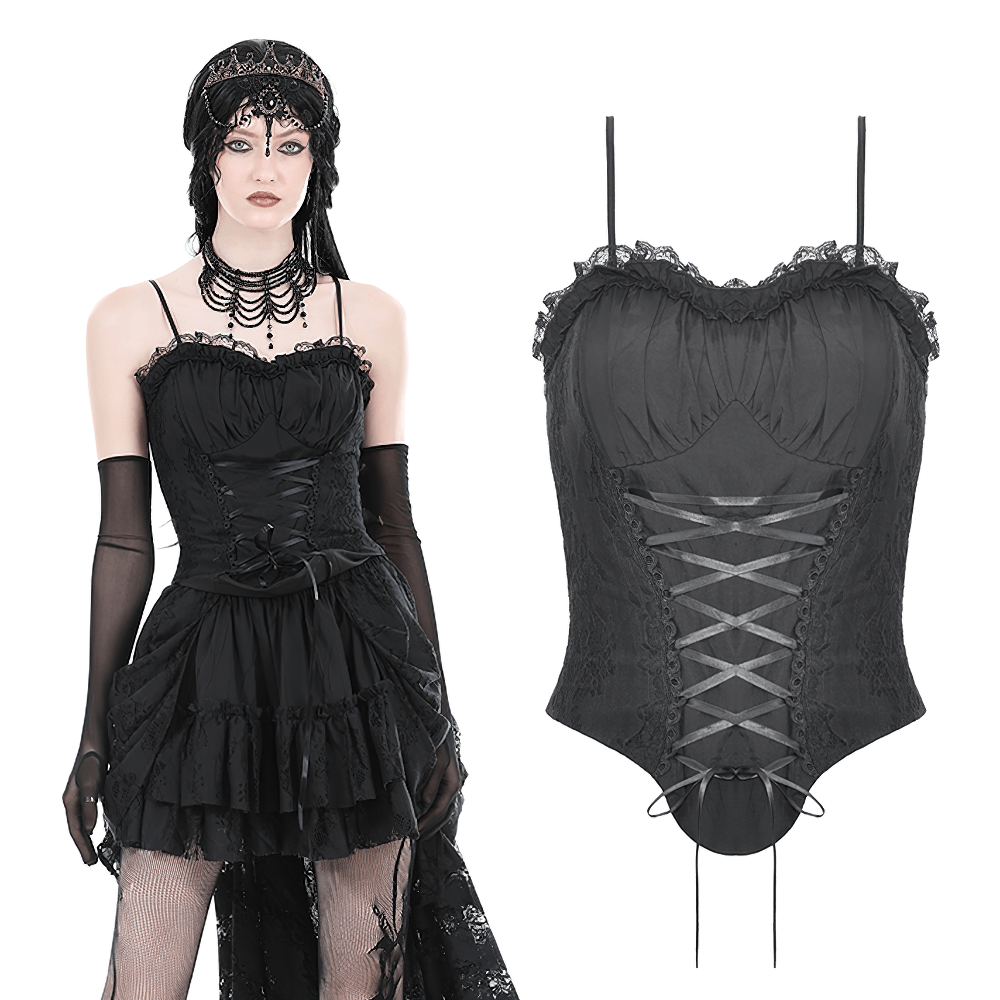 Dark gothic lace-up bustier corset top with lace trim and ribbon detailing, perfect for a striking edgy look.