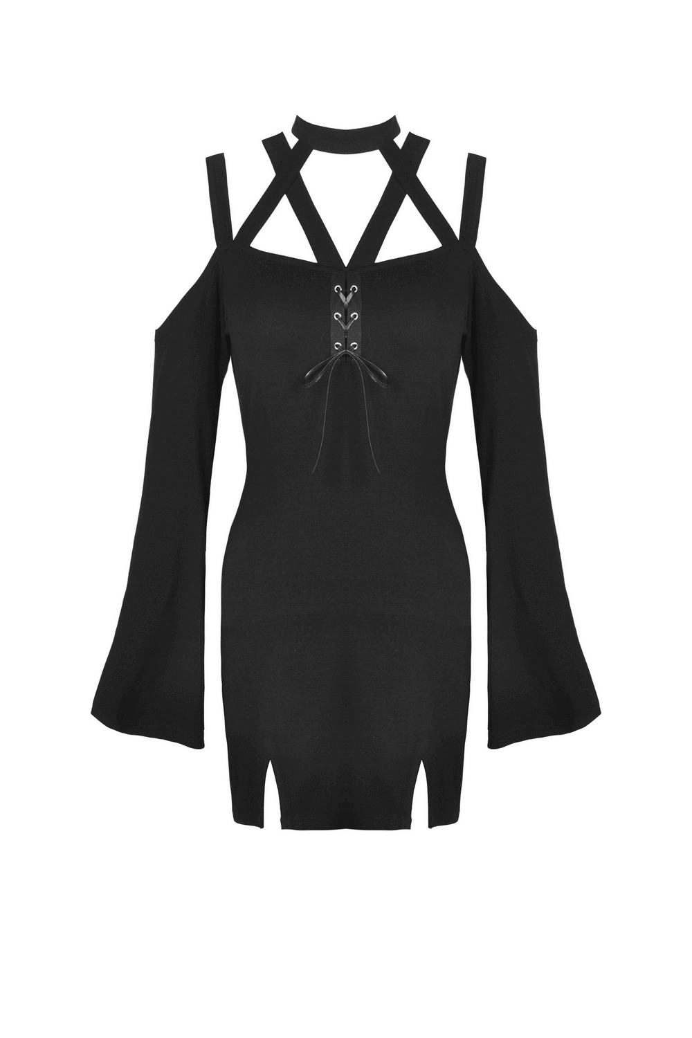 Dark Gothic Lace Up Mini Dress with Shoulder Cutouts