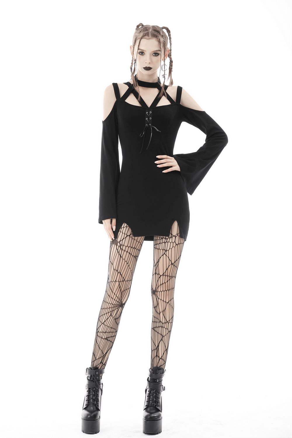 Dark Gothic Lace Up Mini Dress with Shoulder Cutouts