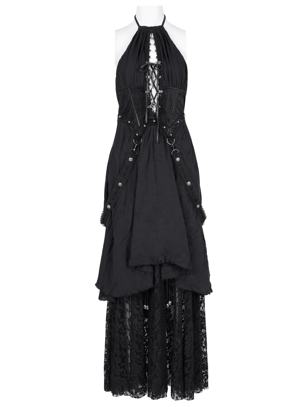 Dark gothic layered dress with lace, corset details, and chain accents. Perfect for alternative fashion lovers seeking elegance and edge.