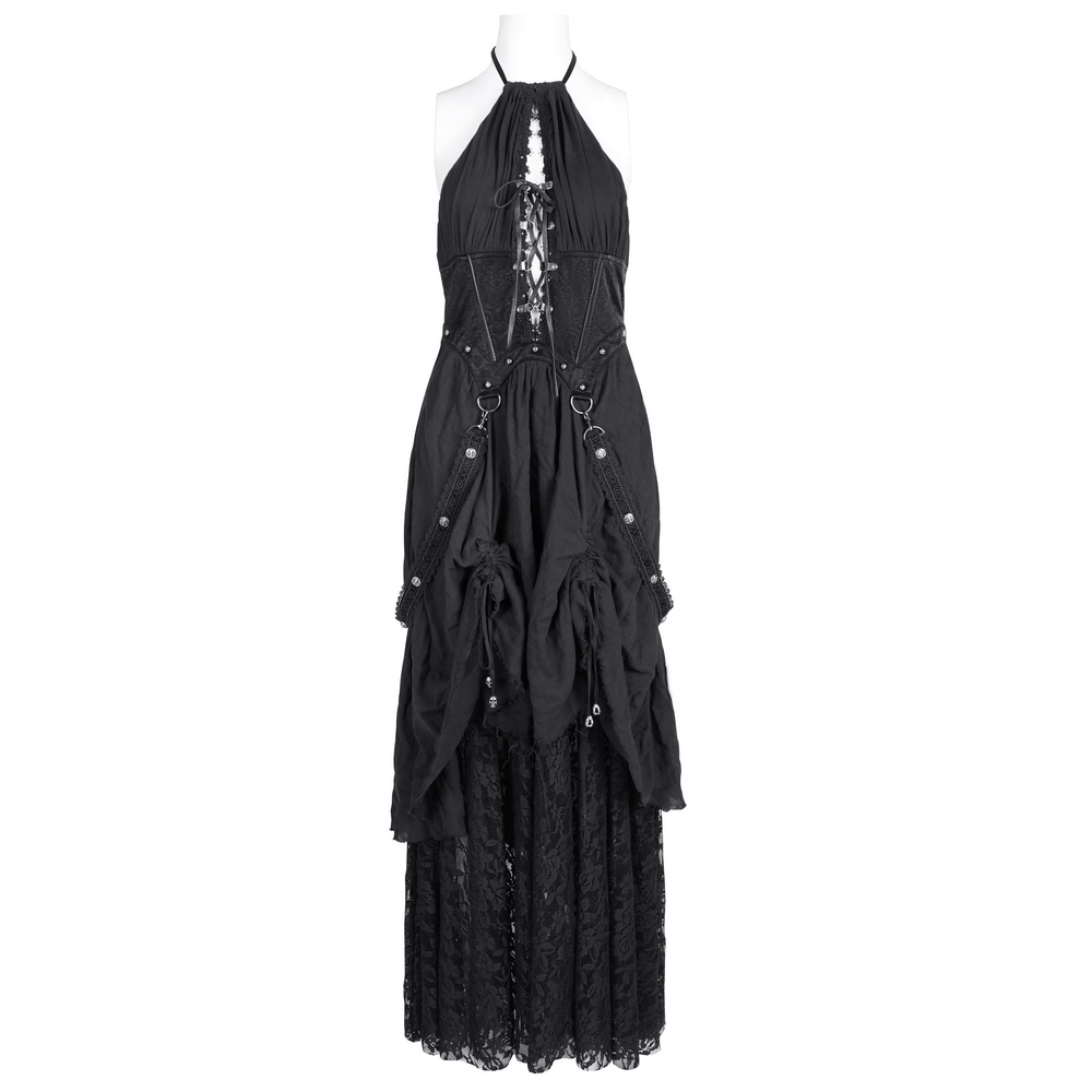 Dark gothic layered dress with lace, corset details, and chain accents, featuring a halter neckline and flowing lace skirt.