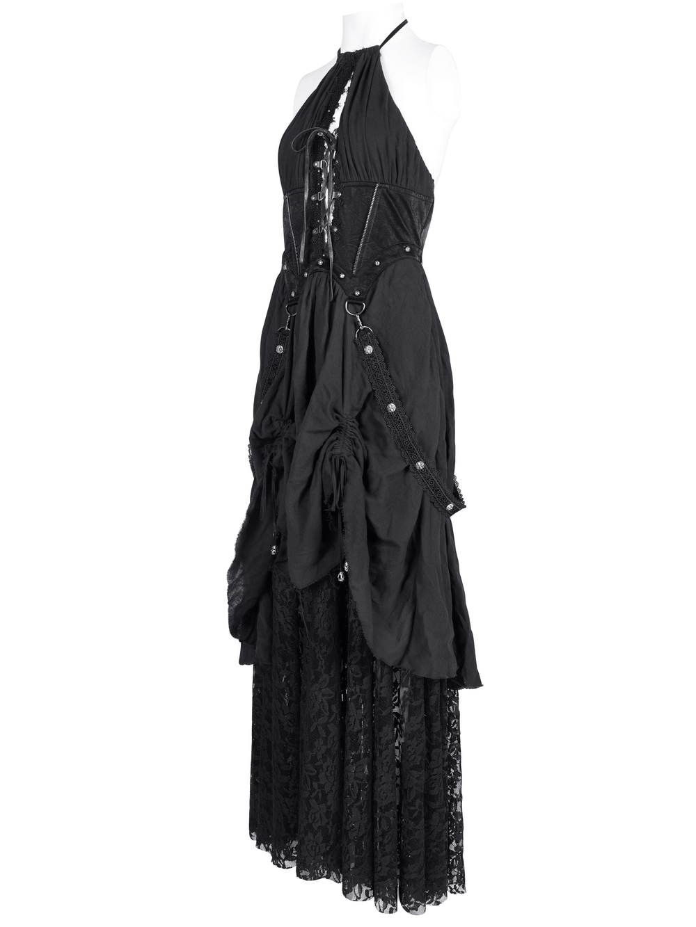 Dark gothic layered dress with lace, corset details, and chain accents, featuring a halter neckline and flowing lace skirt.