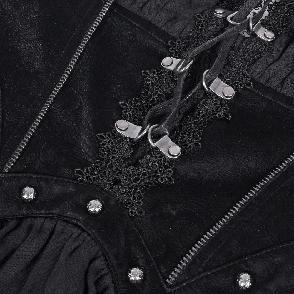 Close-up of gothic layered dress showing intricate lace, corset-inspired lace-up, and chain accents. Dark elegance at its finest.