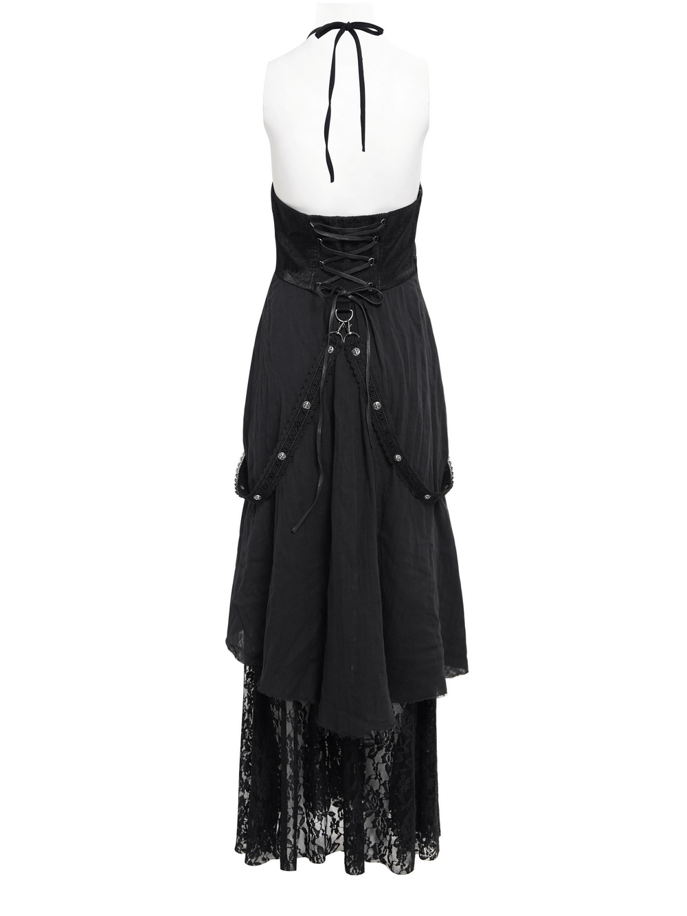 Rear view of a dark gothic layered dress, featuring lace and corset details with chain accents. Perfect for alternative fashion lovers.