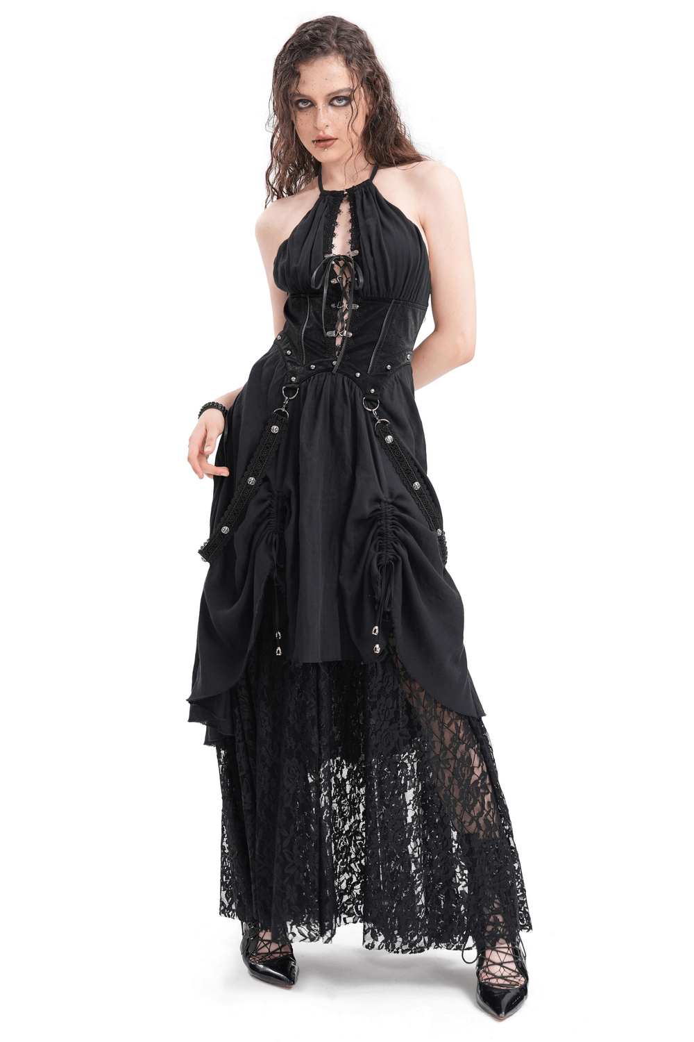 Gothic lace layered dress with corset details and chain accents, featuring a flowing skirt and halter neckline for a dark aesthetic.