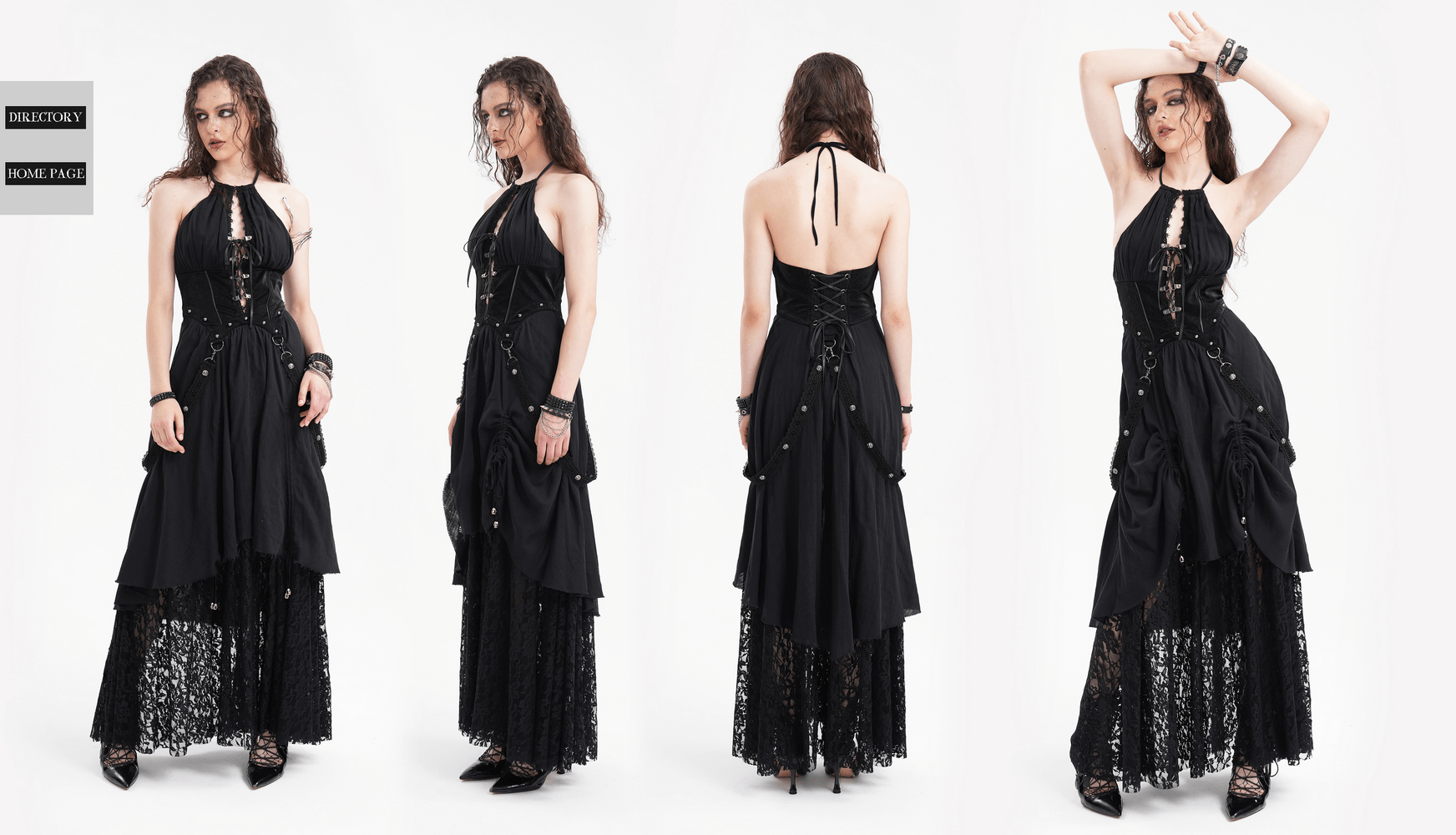 Dark gothic layered dress with lace, corset details, and chain accents styled for alternative fashion lovers.