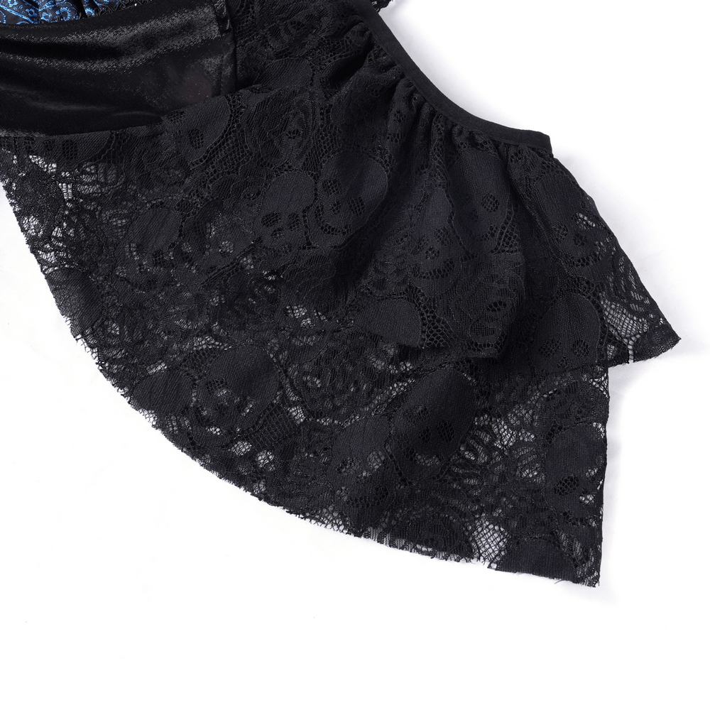 Close-up of black lace with skull pattern on Gothic off-shoulder dress, featuring dark blue satin accents and an asymmetrical hem.