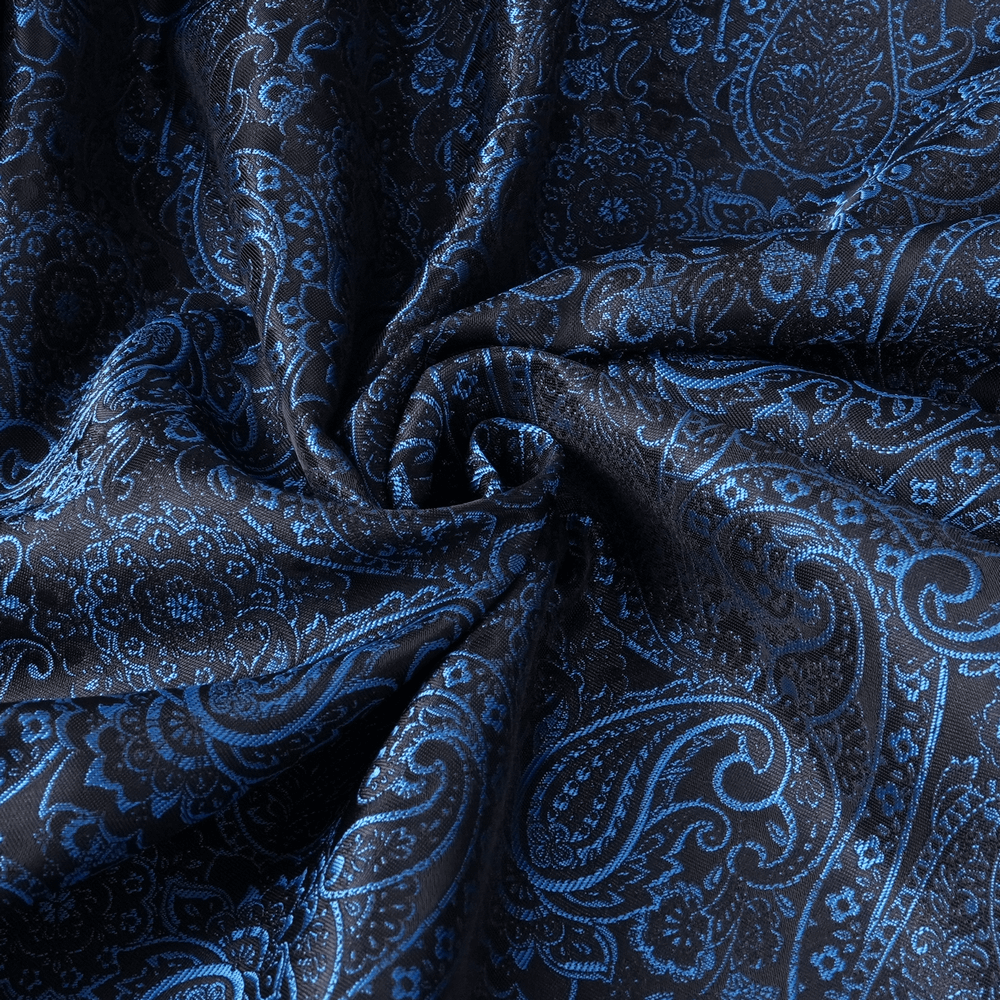 Elegant dark blue and black silky fabric with intricate lace pattern, perfect for a Gothic dress design.