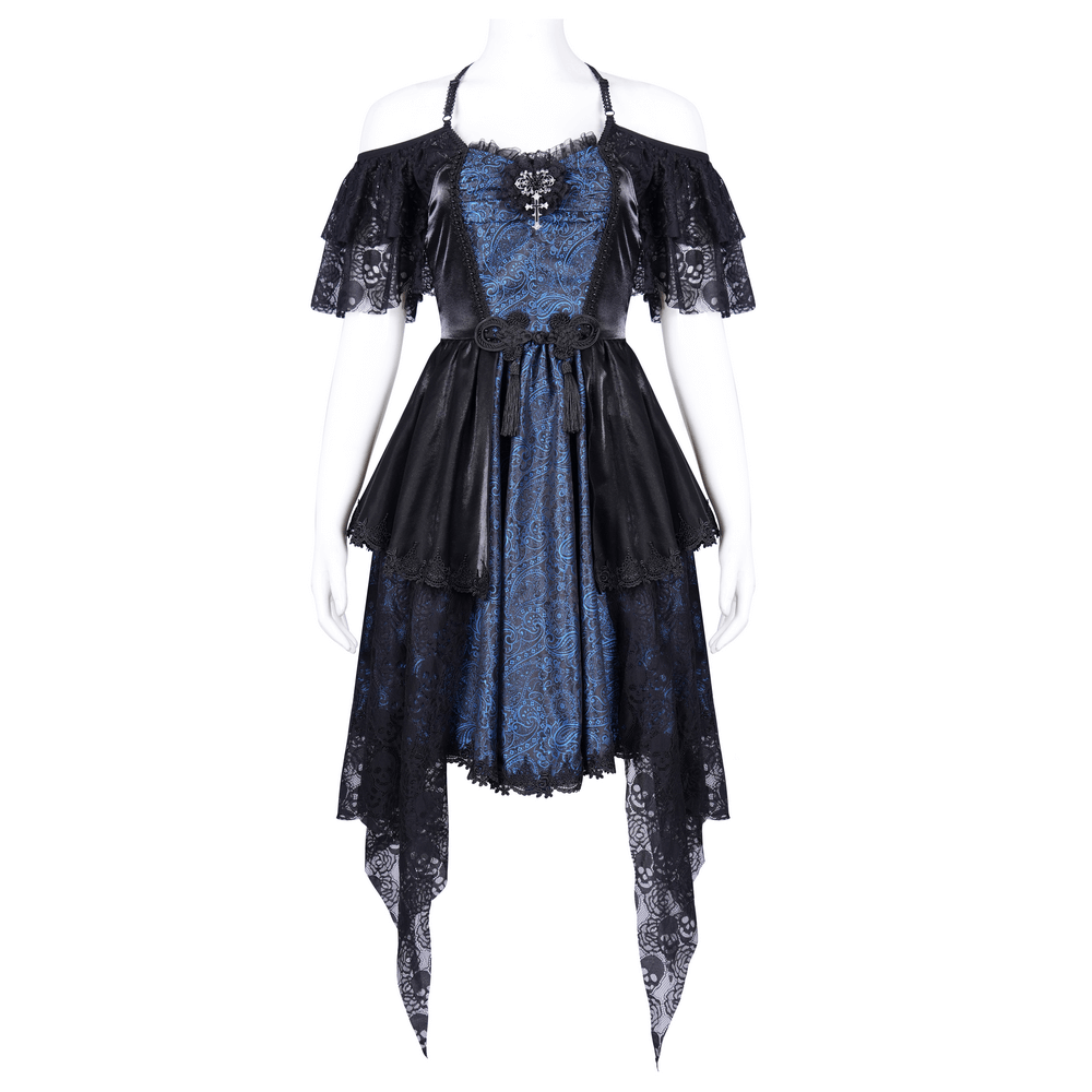 Gothic Lace and Satin Off-Shoulder Dress with Skull Lace and Cross Detail in Dark Blue and Black