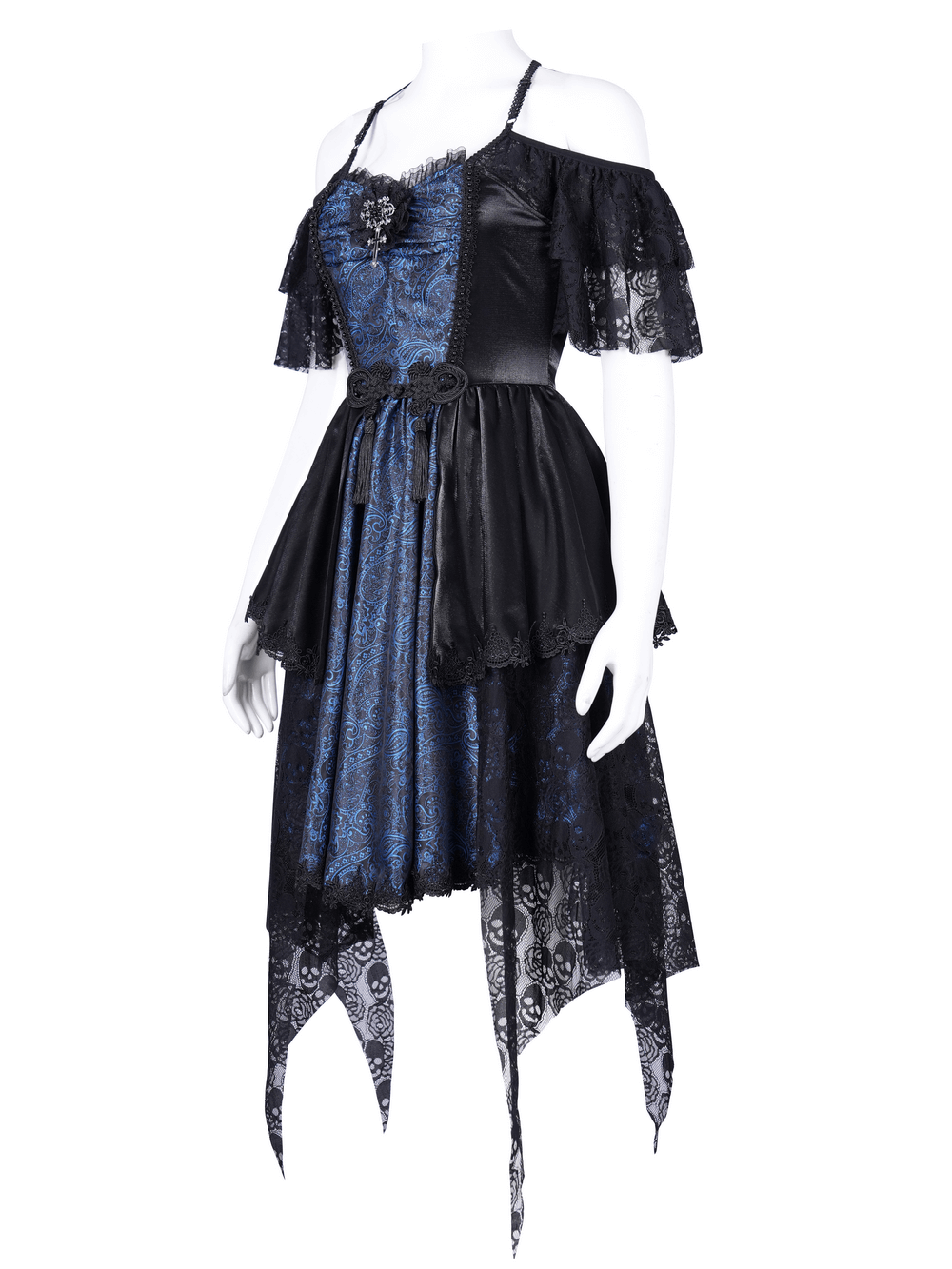 Elegant dark blue and black Gothic lace satin off-shoulder dress with skull patterns and cross detail.