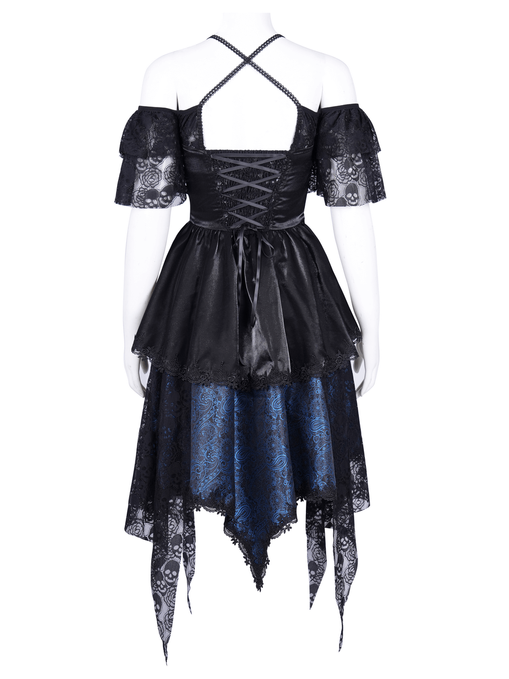 Gothic off-shoulder dress in dark blue and black, featuring lace-up back and skull lace details with cross accents.