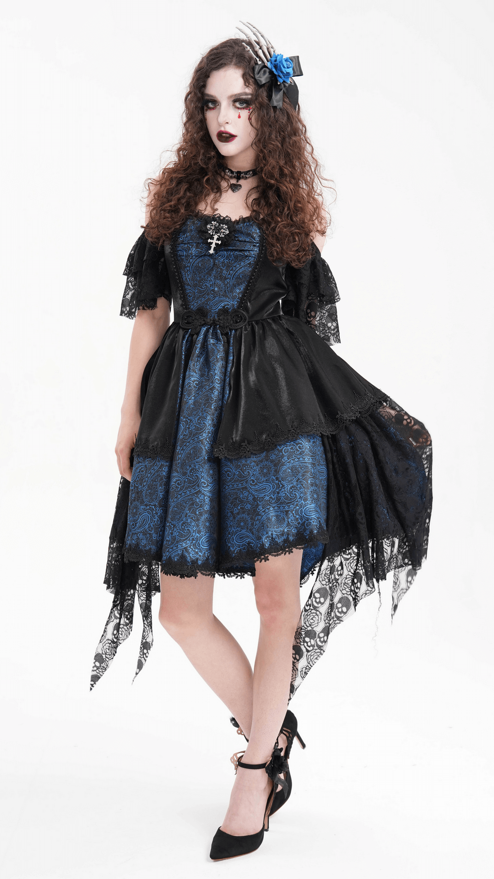 Gothic lace and satin off-shoulder dress in dark blue with skull lace, cross detail, and asymmetrical hem for an edgy style.