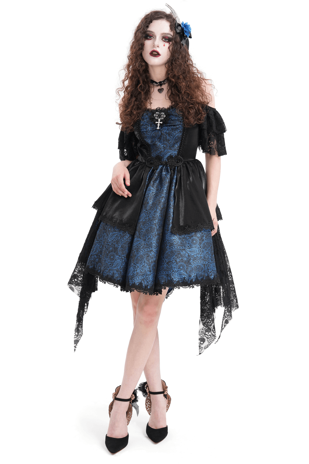 Elegant dark blue and black Gothic lace and satin off-shoulder dress with cross pendant and skull details.