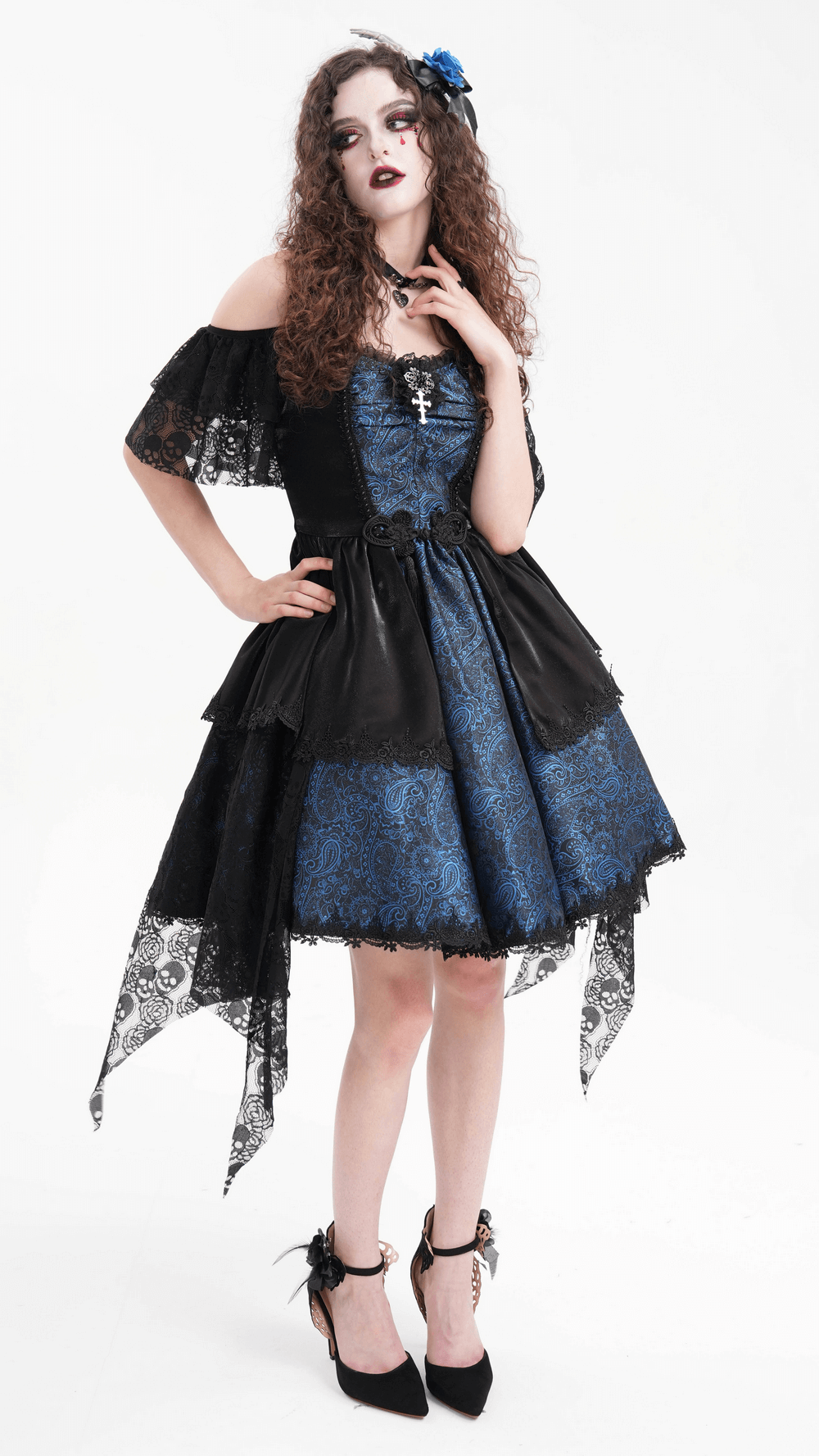 Gothic lace satin off-shoulder dress with cross detail in dark blue and black, featuring skull lace for an edgy look.