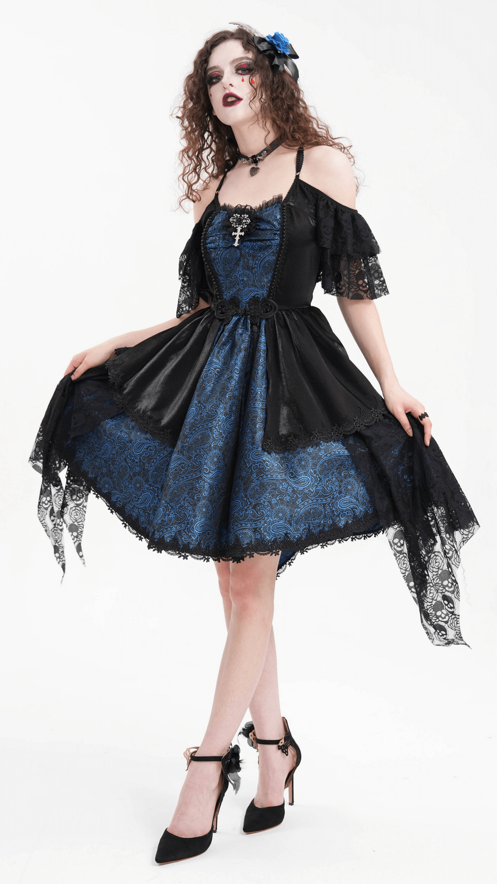 Gothic lace and satin off-shoulder dress with cross pendant, dark blue and black, skull lace design, edgy and elegant style.