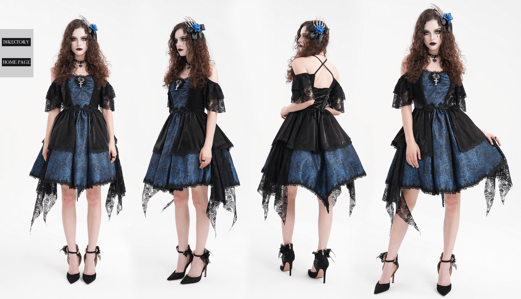 Gothic off-shoulder dress in dark blue and black with skull lace, cross detail, and asymmetrical hem.