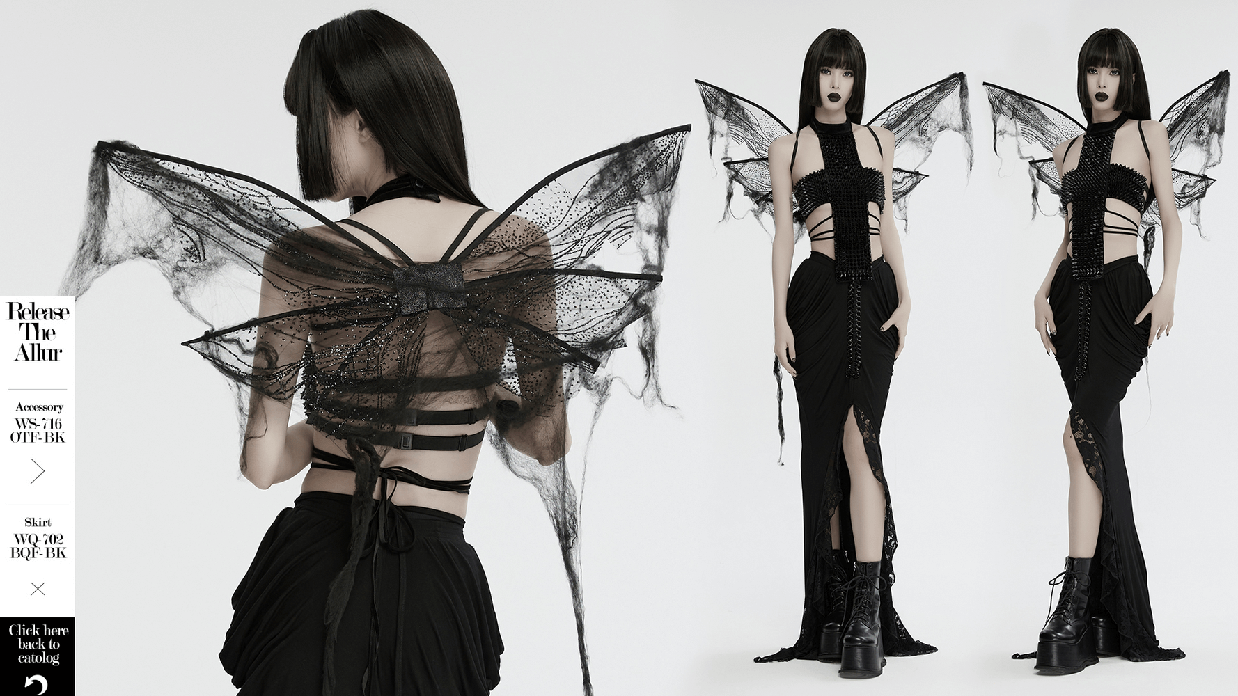 Dark gothic mesh butterfly wings with adjustable straps worn by a model in a stylish black outfit.