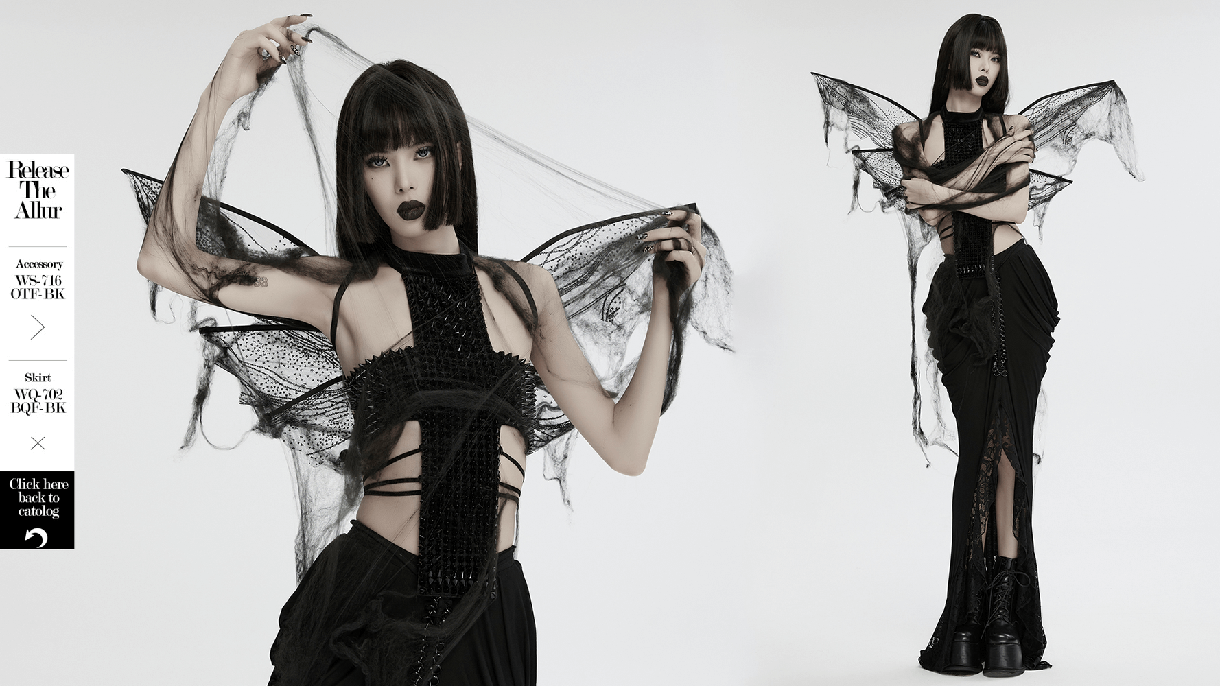 Dark gothic butterfly wings on model, showcasing shimmering mesh and adjustable straps for edgy cosplay style.