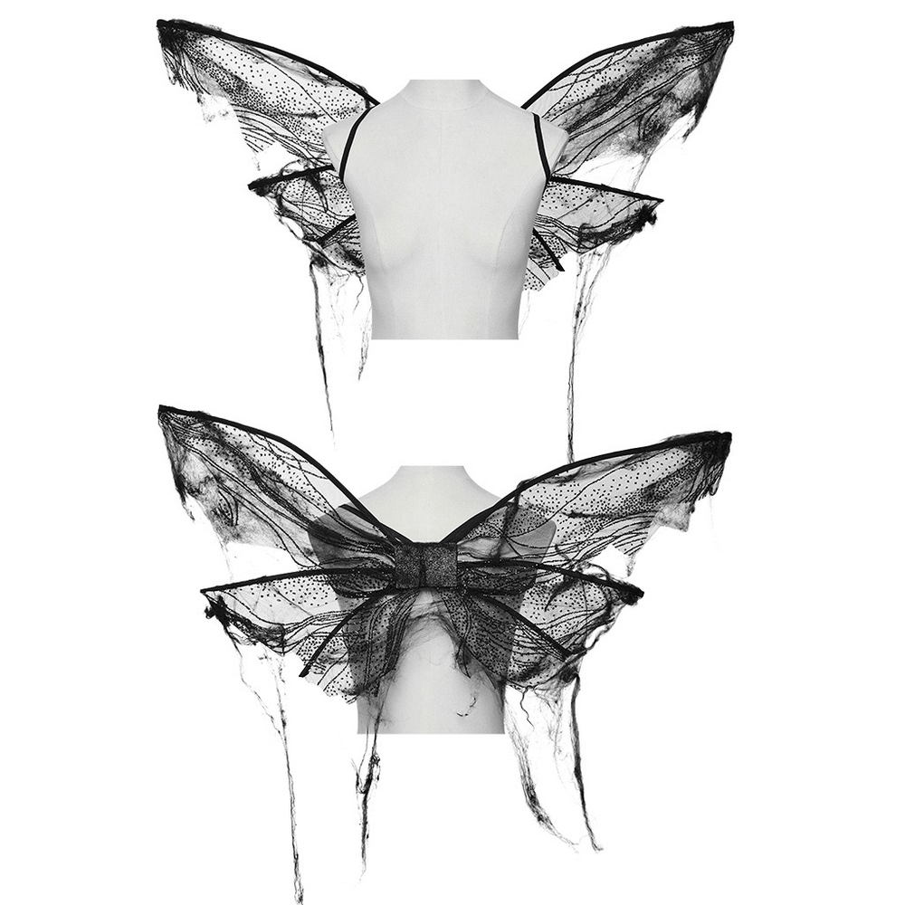 Dark gothic mesh butterfly wings with adjustable straps, perfect for cosplay and creating a mysterious look.