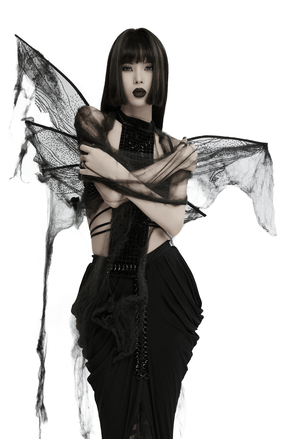 Dark Gothic mesh butterfly wings with adjustable straps, styled in a mysterious cosplay look.