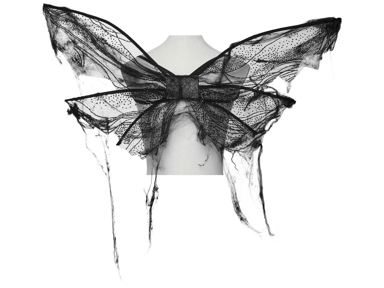 Mysterious black gothic mesh butterfly wings with adjustable straps for cosplay, featuring a shimmering design.