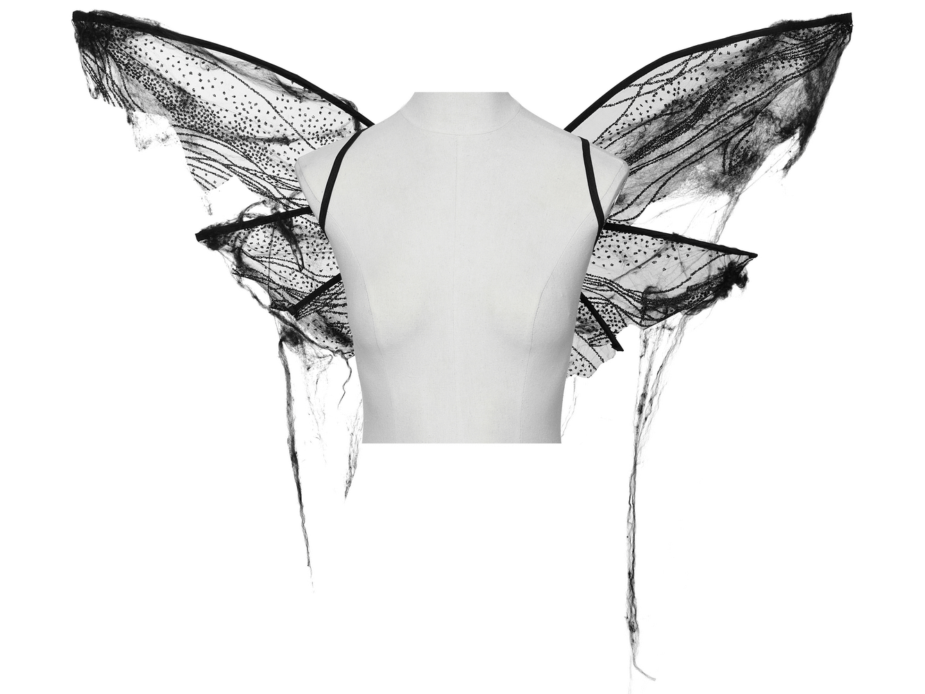 Mysterious black gothic mesh butterfly wings with adjustable straps for cosplay and creative styling.