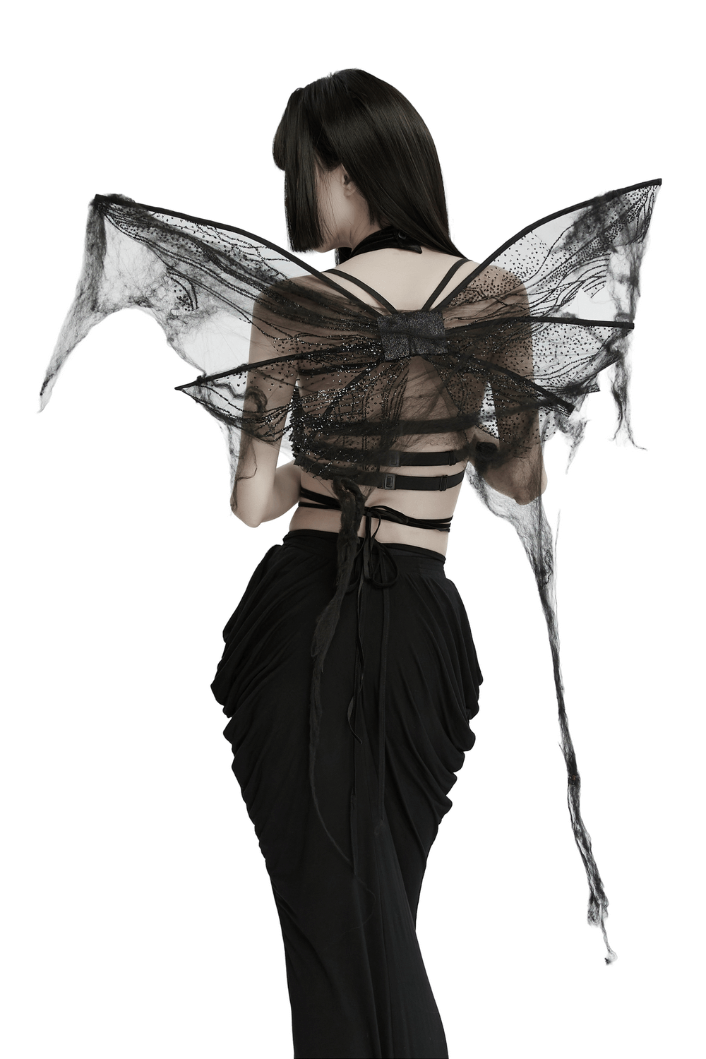 Dark Gothic mesh butterfly wings with adjustable straps for a mysterious cosplay look.